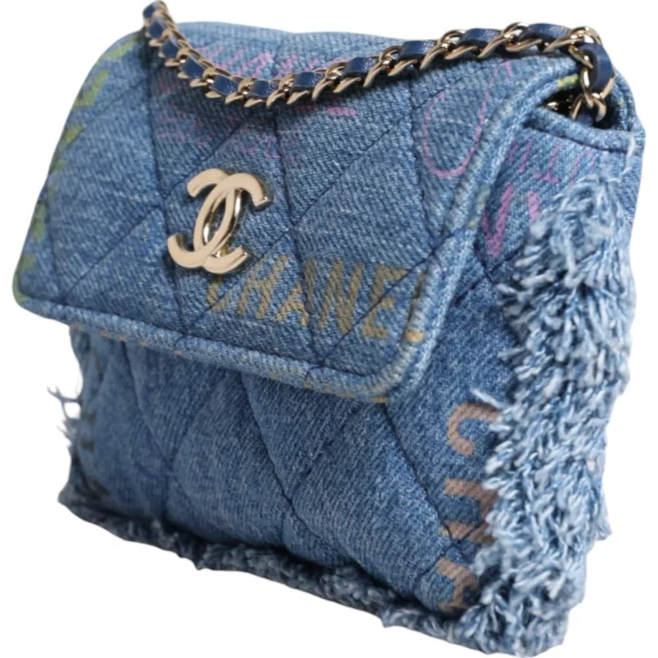 Chanel Denim Mood Flap Mikro Logo Baskılı Saçaklı Omuz Çantası